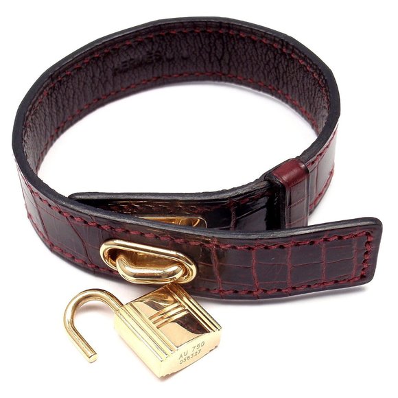 Very Rare! Authentic HERMES 18k Yellow Gold & Crocodile Burgundy Bracelet Box - Picture 7 of 12